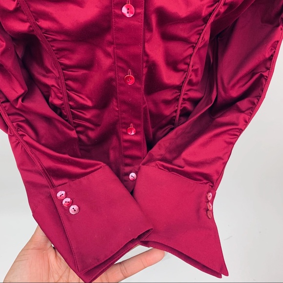 Chic Button Down Shirt w/Allover Ruching in Garnet - Picture 7 of 8